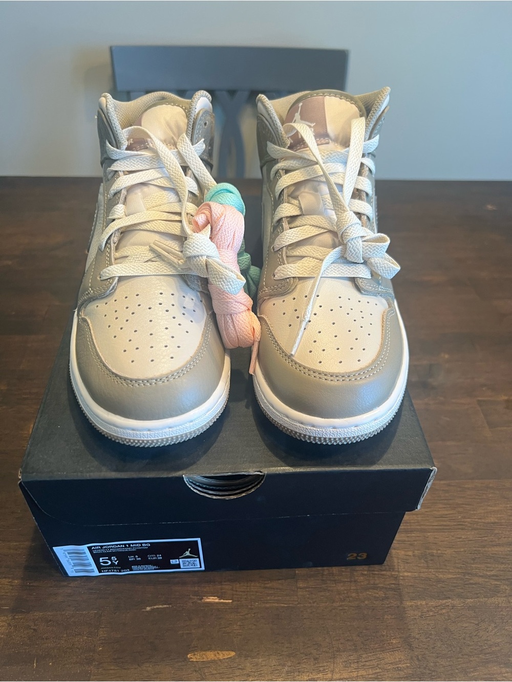 Jordan Kids High-Top Sneakers in Beige and Cream with Pastel Laces